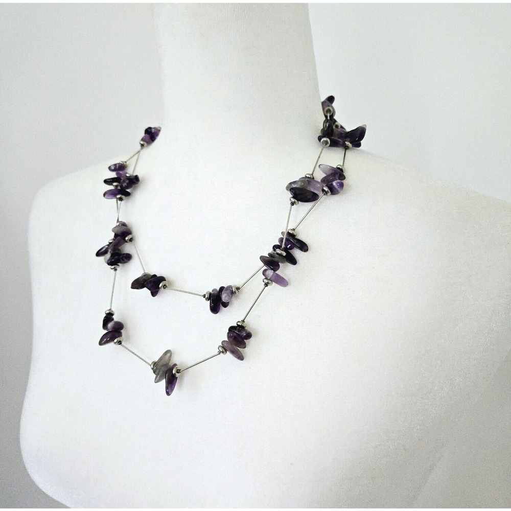 Amethyst Necklace Purple Stone Silvertone Statement Modern Brutalist Maximalist - Picture 6 of 10